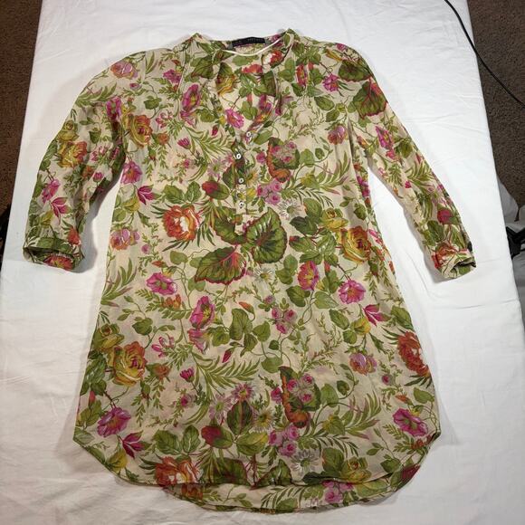 Zara basic womens green pink floral sheer blouse. 3/4 sleeve, tunic. Size S - Picture 3 of 7